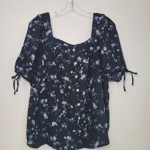 Angels Black Floral 3/4 Sleeve Button Down Square Neckline Blouse Woman's 1X